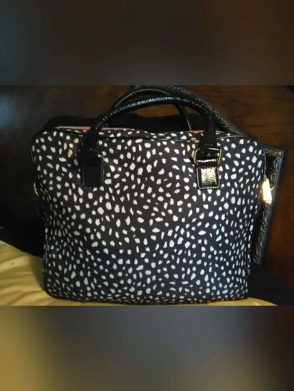 LK. NEW BETSEY JOHNSON LAPTOP BAG Black & White Spotted & PINK TRIM GRAFFITI